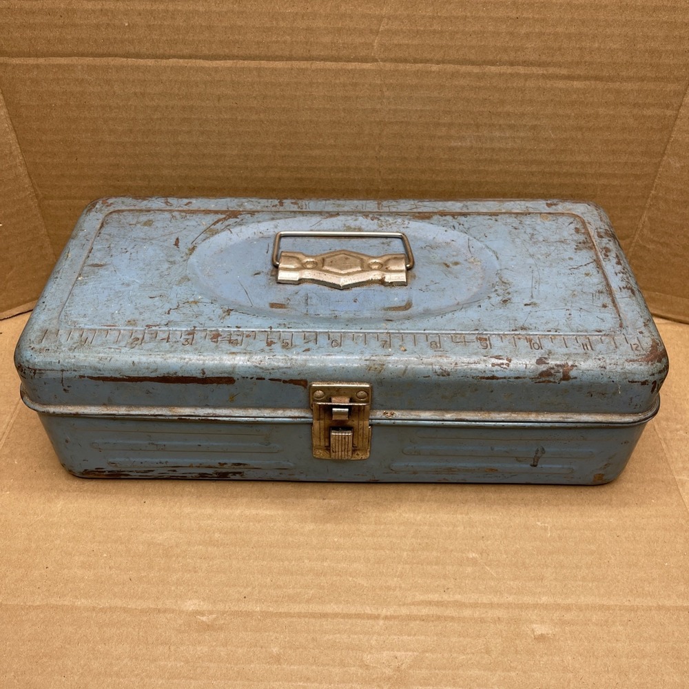 Vintage Union Utility Chest Blue Steel Tool Box Tackle Box Tray USA 13 Inch